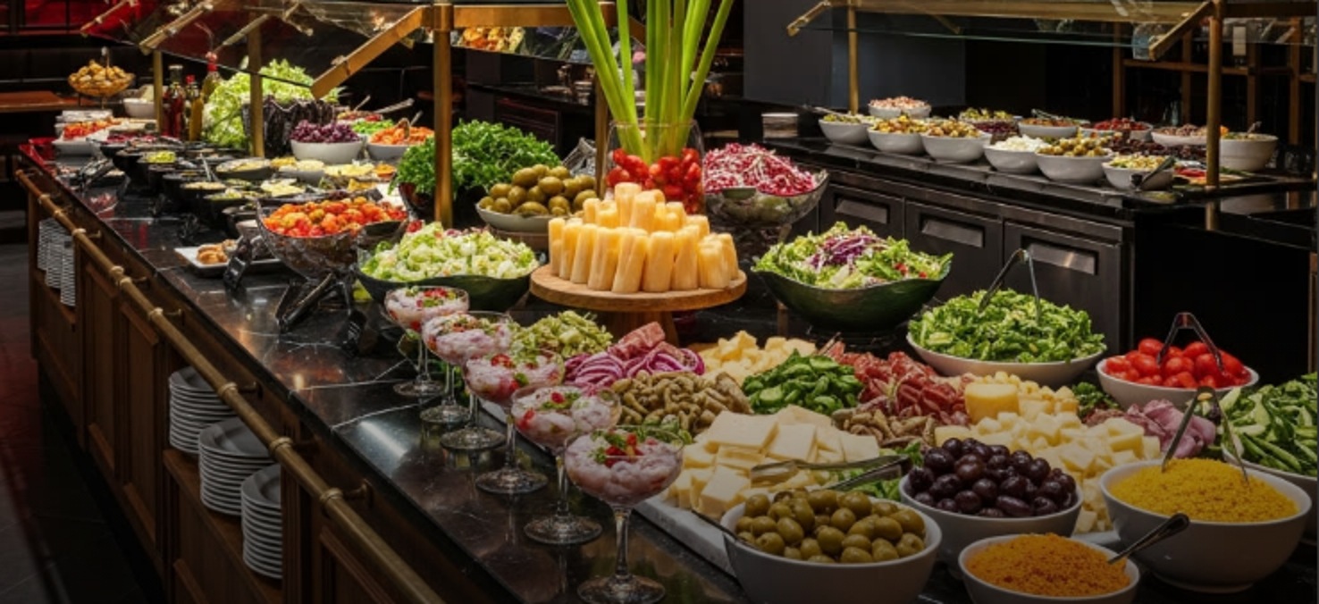 The luxury salad bar and gourmet market table at El Toro Rojo