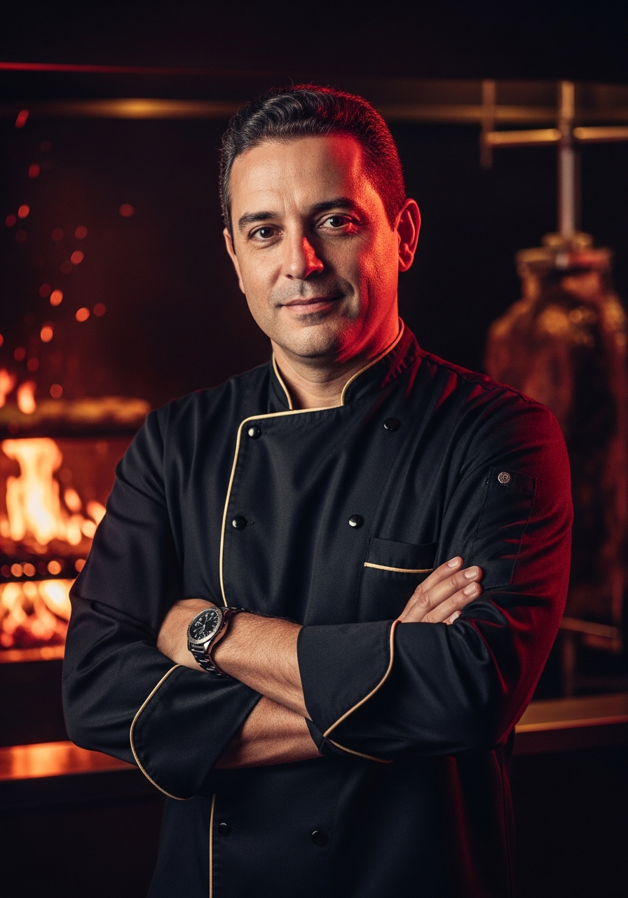 Chef Rafael Dourado, International VIP Master Chef of El Toro Rojo, before an open fire grill