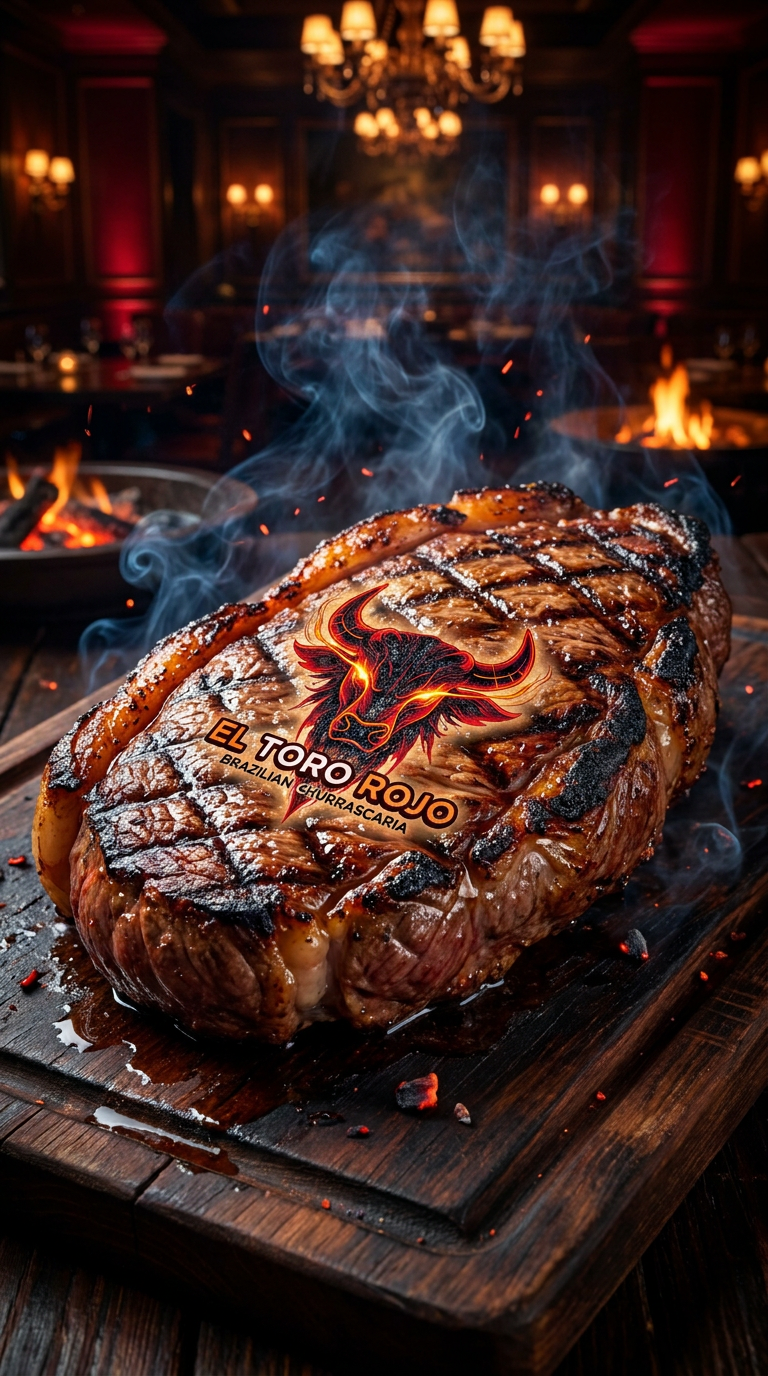 Flame-grilled El Toro Rojo signature picanha branded with the house bull emblem