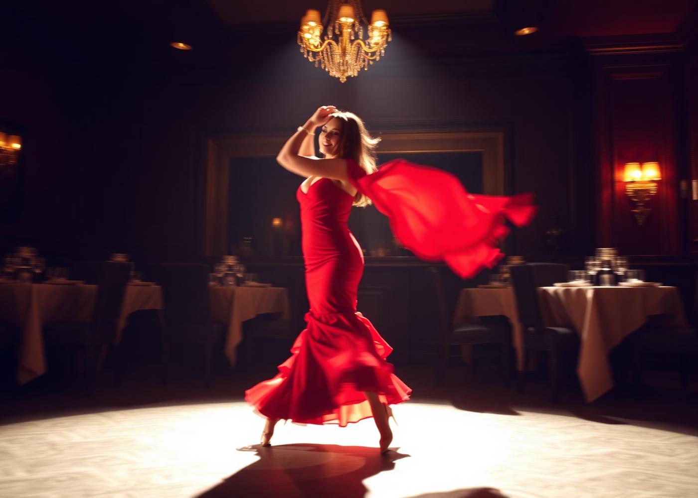 Flamenco dancer performing in a candlelit luxury dining room